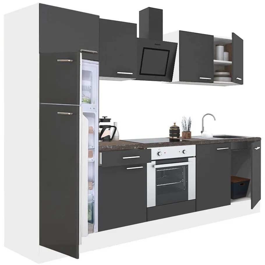 Mobilă de bucătărie Yorki 270, corp alb, față antracit satinat, element cuptor inferior, frigider congelator superior