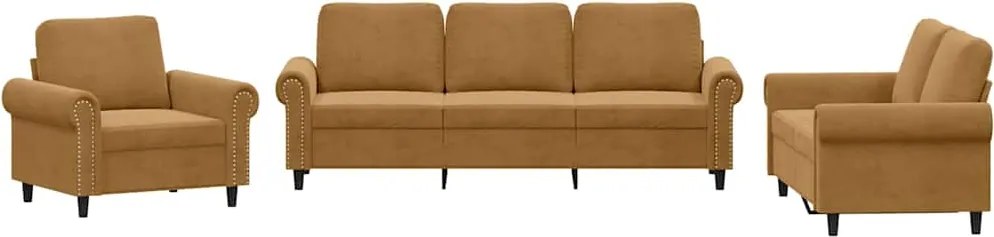vidaXL Set de canapele cu perne, 3 piese, maro, catifea