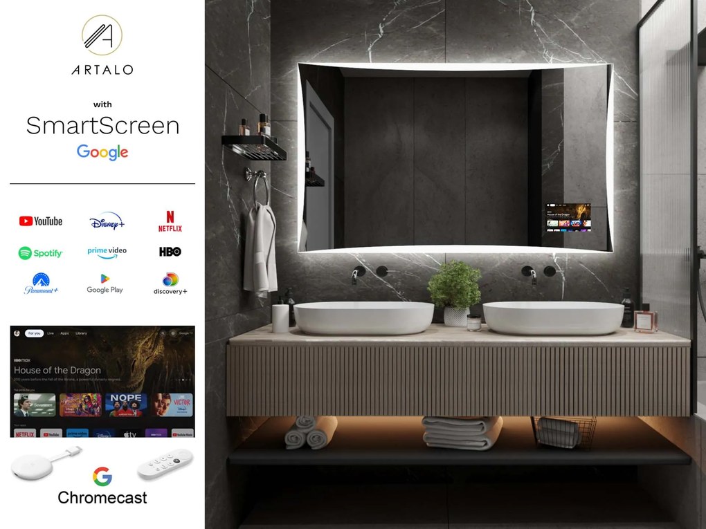 SMART oglindă LED cu iluminare M5 + SmartScreen with Google Chromecast