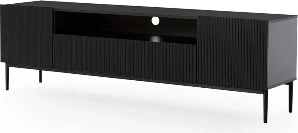 Comodă TV Nicole 200 cm cu nișă și sertare - negru mat / picioare negre