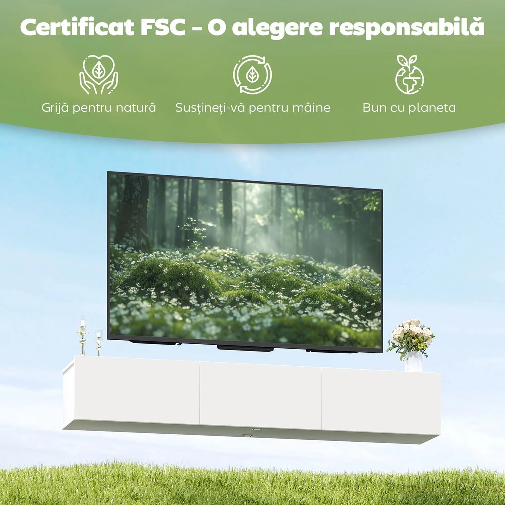 HOMCOM Mobilier TV Suspendat, Suport TV până la 82" cu 3 Dulapuri cu Uși Rabatabile Soft Close, Dulap pentru Televizor pentru Living, Dormitor și Salon, 180x31.5x29.8 cm, Alb Lucios | Aosom Romania
