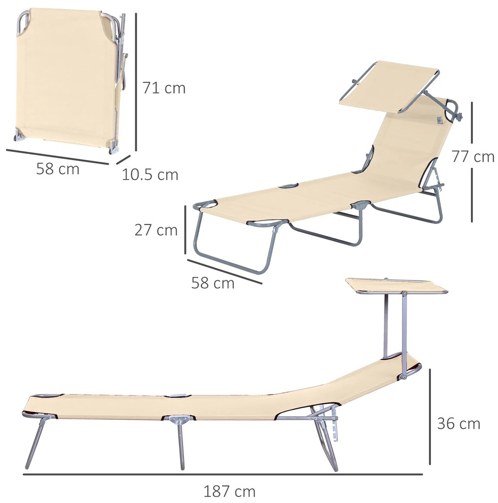 Outsunny Sezlong pentru Gradina cu Baldachin Reglabil, Sezlong pentru Plaja Pliabil Rabatabil pe 4 Niveluri, Bej