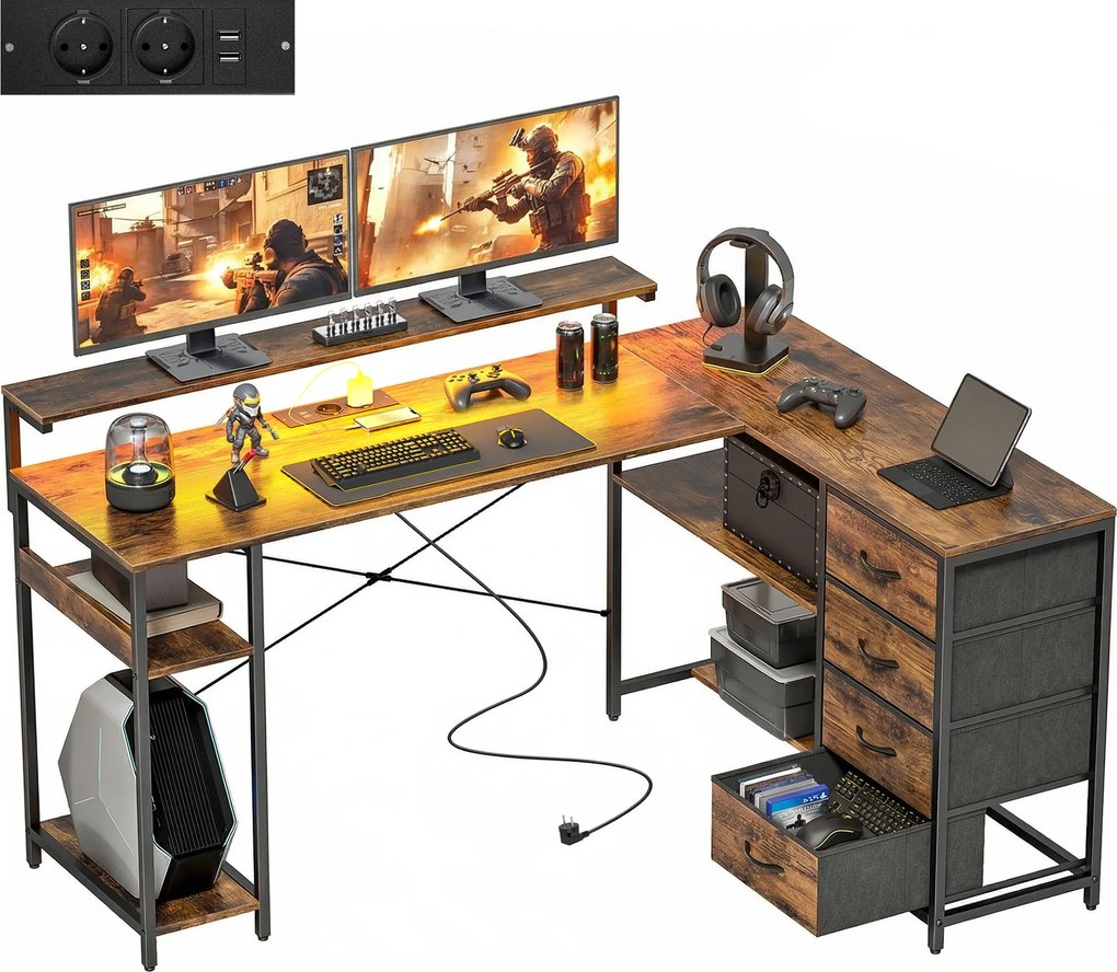 HOMCOM Birou de gaming în formă de L cu priză integrată, iluminare LED, 4 sertare, suport monitor 155x110x91,4 cm Maro | Aosom Romania