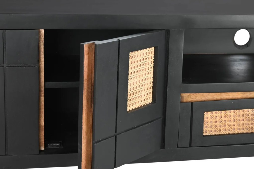 Comodă TV living din lemn de mango, negru, cu 2 uși, 2 sertare, nișă deschisă și inserții din ratan împletit, 60 x 145,5 x 40,5 cm, „Cheverny”