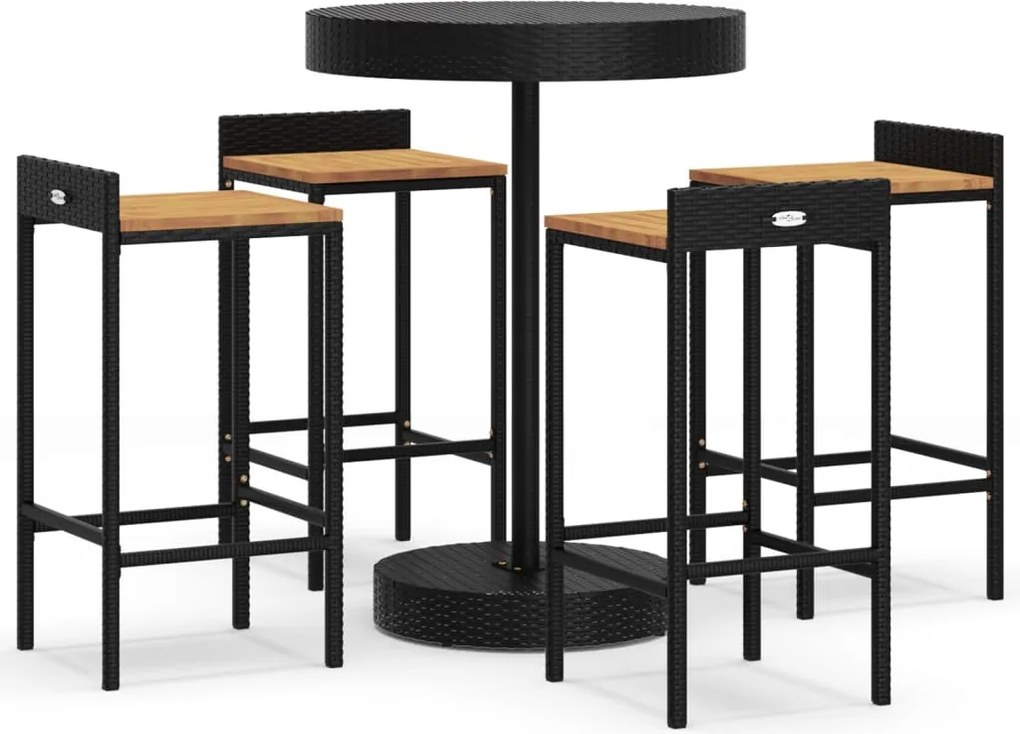 vidaXL Set bar pentru grădină, 5 piese, negru, poliratan/lemn acacia