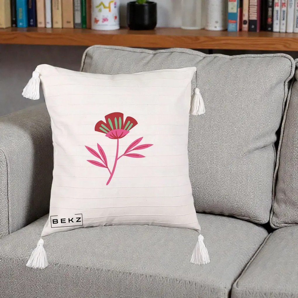 Perna Decorativa Floare Macul Roz-Rosu Grafic, 40x40 cm, Bej cu Franjuri, Husa Detasabila, Perna Inclusa, BEKZ®