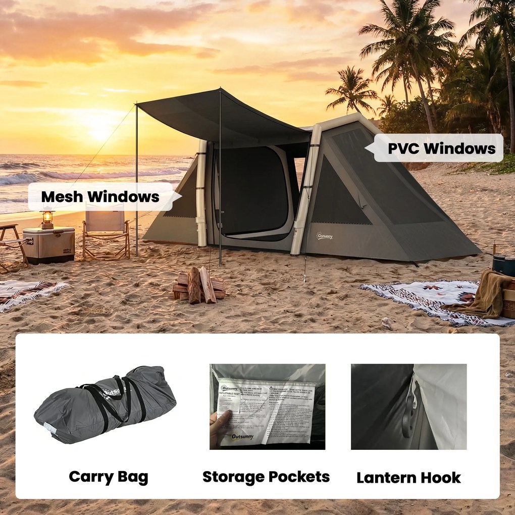 Outsunny Cort Gonflabil de Camping 4 Persoane Blackout Cort cu Aer 5,8m Lungime 2 Dormitoare și Zonă de Zi 580x270x202cm Gri Închis | Aosom Romania