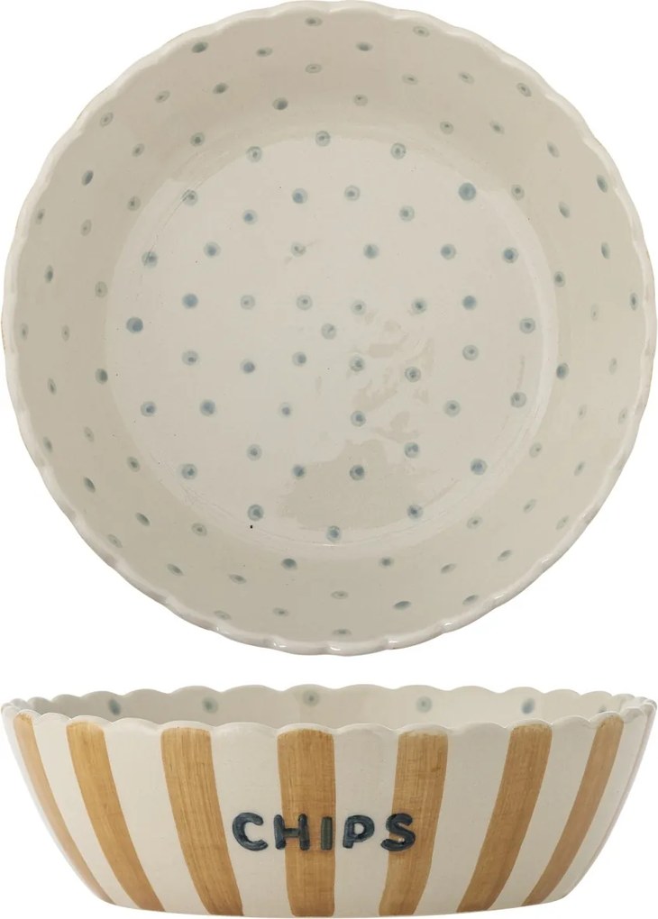 Bol din ceramică artizanală, multicolor, pictat manual cu dungi verticale, buline și margine ondulată, 24x7 cm, „Chip"