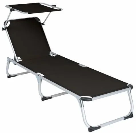 Șezlong pliabil DIVERO cu umbrar, negru, 187 x 57 cm
