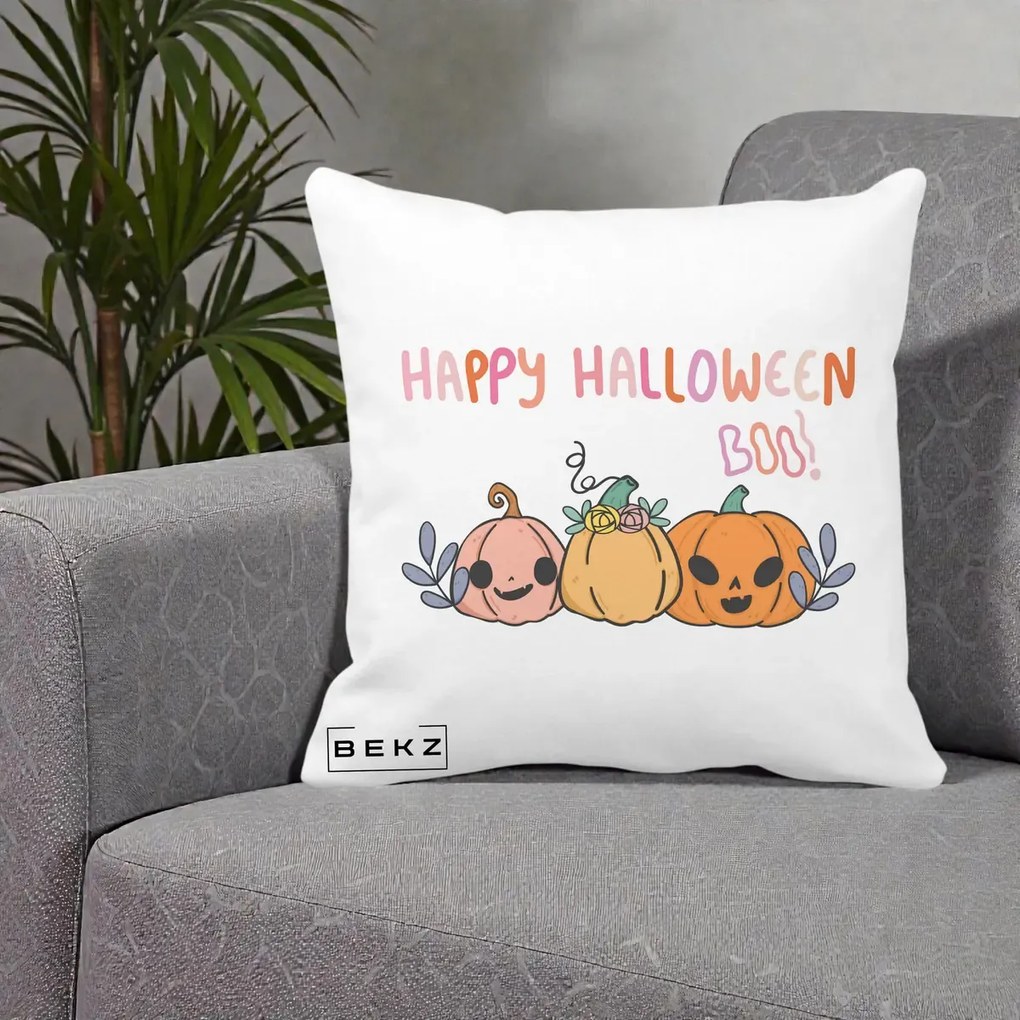 Perna Decorativa Happy Halloween Boo Trei Dovlecei Kawaii, 40x40 cm, Alba Mata, Husa Detasabila, Perna Inclusa, BEKZ®
