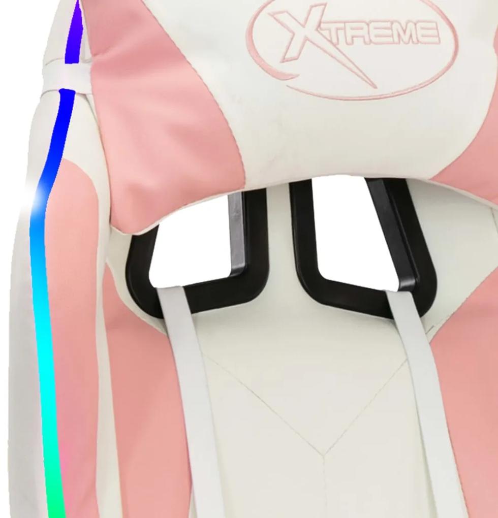 Scaun de racing cu LED RGB, roz si alb, piele ecologica roz si alb, Cu suport de picioare, 1