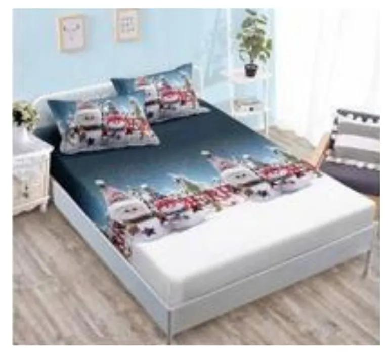 Lenjerie de pat Mos Craciun cu elastic, tesatura tip finet, pat 2 persoane, alb / albastru, 6 piese, QT-09
