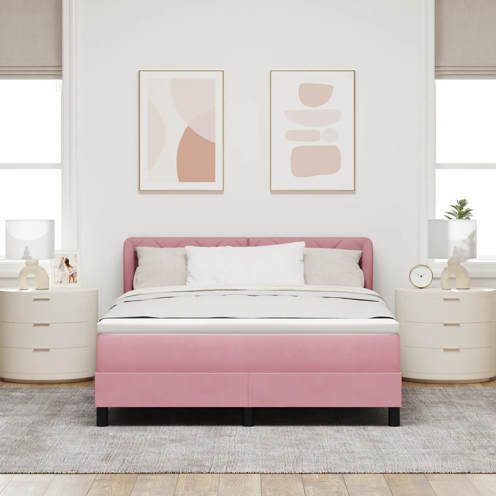 Pat cu saltea vidaXL roz 140x190 cm din catifea