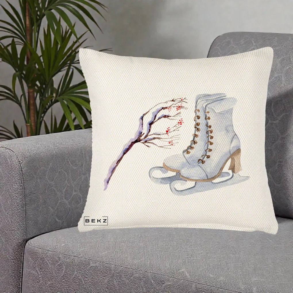 Perna Decorativa Patine cu Ramuri Inzapezite, 40x40 cm, Crem Reliefat, Husa Detasabila, Perna Inclusa, BEKZ®