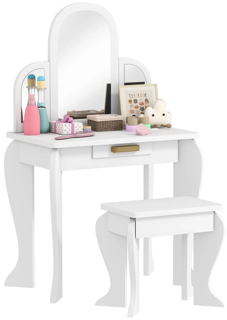 HOMCOM Măsuță pentru copii cu oglindă și taburet Măsuță de toaletă pentru fete 3-6 ani cu sertar alb | Aosom Romania