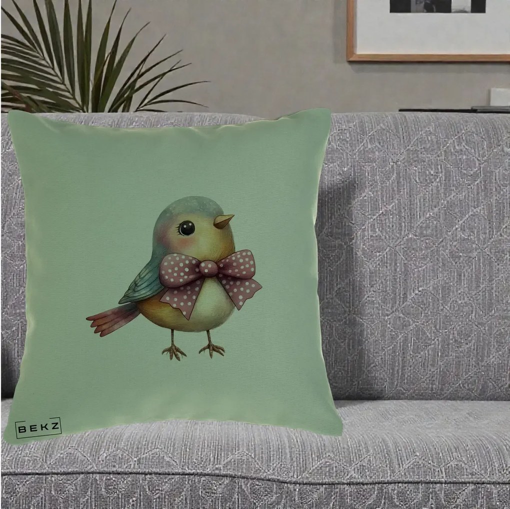 Perna Decorativa Pasare Bleu cu Fundita Roz, 40x40 cm, Verde, Husa Detasabila, Perna Inclusa, BEKZ®