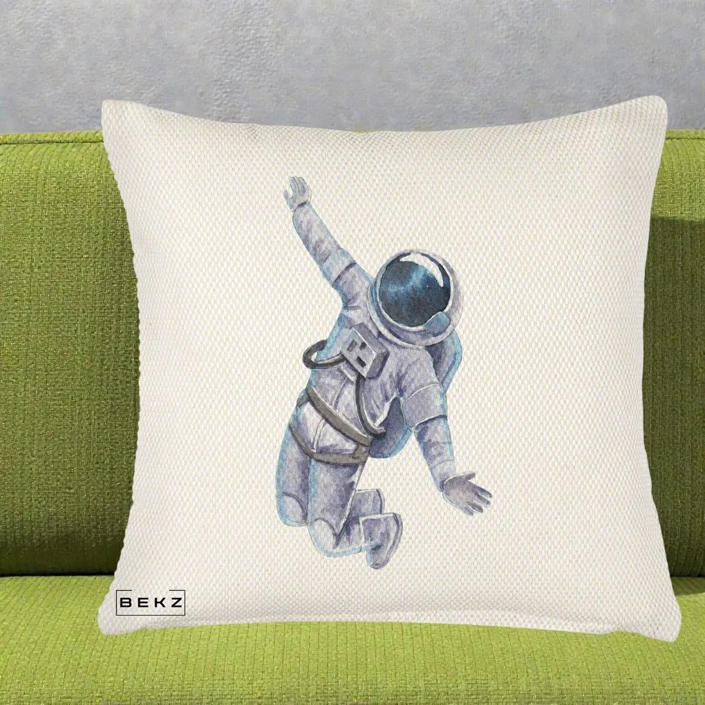 Perna Decorativa Astronaut Acuarela Zbor, 40x40 cm, Crem Reliefat, Husa Detasabila, Perna Inclusa, BEKZ®