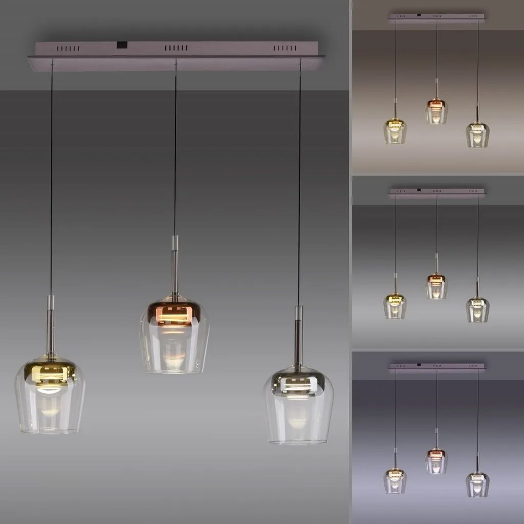 Lustra LED Smart cu Telecomanda, CCT, 3 pendule, Sticla, Multicolor, Q-KON