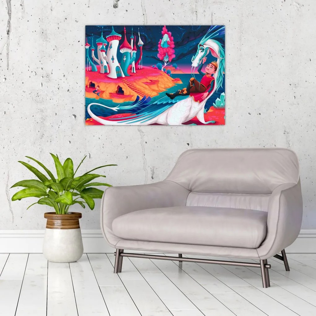 Tablou pe sticlă - Prinț și prințesa cu dragon (70x50 cm)