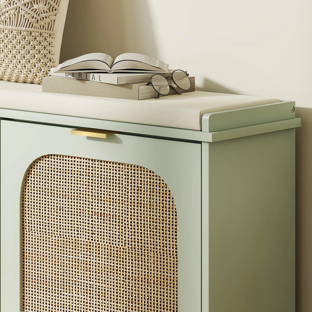 HOMCOM Bancă pentru încălțăminte, banc de depozitare, șezut căptușit, sertare rabatabile, ușă din ratan, 104 x 26 x 47,5 cm, verde | Aosom Romania