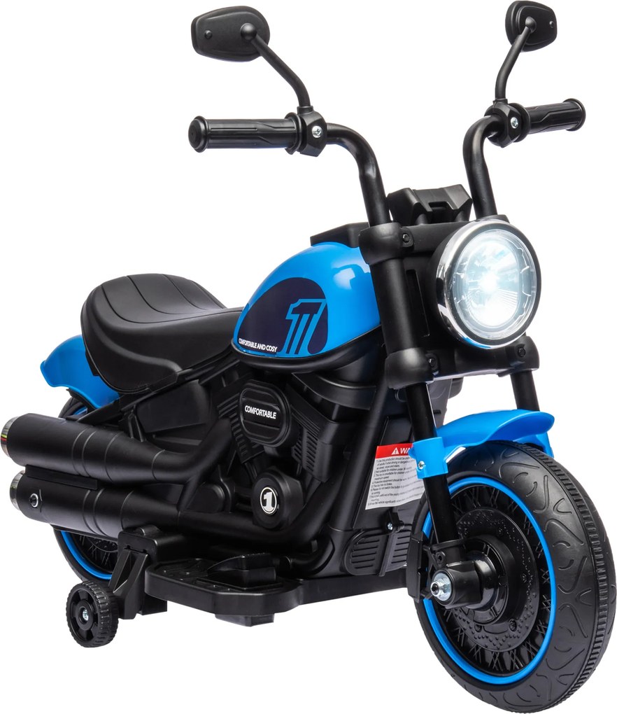 Motocileta Electrica de 6V, Roti de Antrenament, Baterii, un Singur Buton de Pornire, Pedala, Far, 18-36 luni, Albastru HOMCOM | Aosom Romania