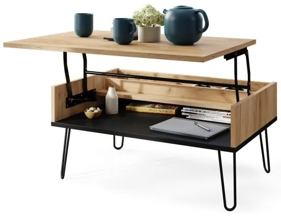 Măsuță de cafea cu blat rabatabil și raft HALIJA stejar/negru