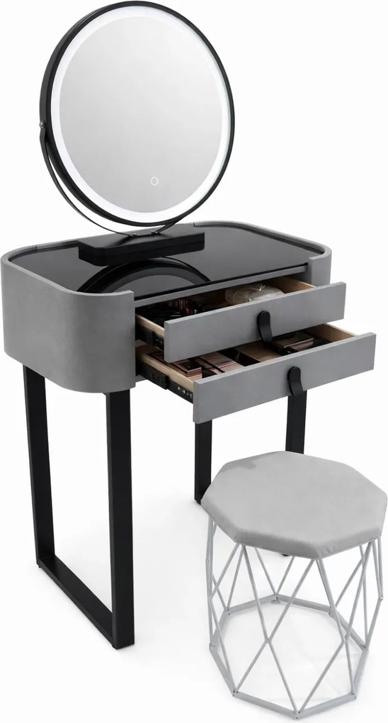 Set Bianca, Masă de toaletă pentru machiaj cu oglindă iluminată LED, control touch, taburet tapitat, 60x38x76 cm, Gri/Negru