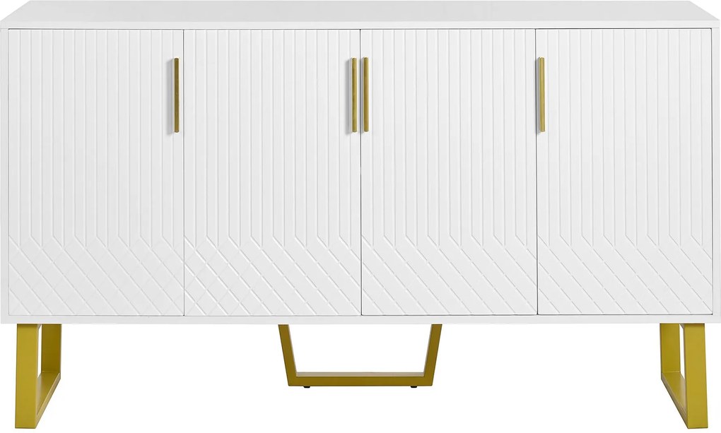 Bufet cu 4 uși, mânere și picioare din metal, spațiu mare de depozitare, 140x40x80 cm, Alb