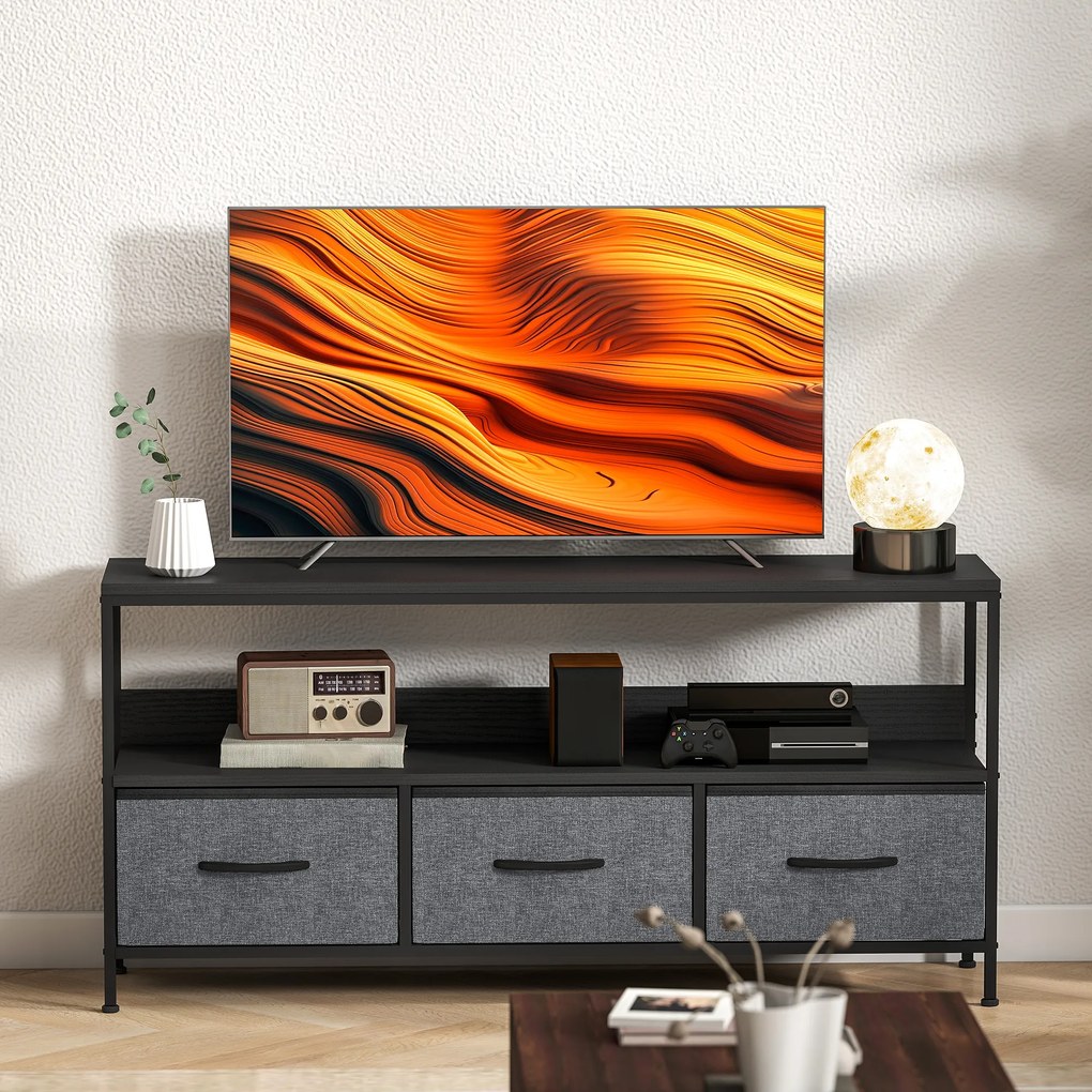 HOMCOM Suport TV Mobil, Până La 55", cu 3 Sertare Textil Pliabile, Raft, 120x29x56 cm, Negru | Aosom Romania
