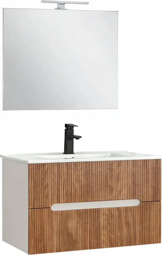 Trent Mobilier de baie 80 cm lavoar ceramic (2 sertare) cu oglindă 60x80 cm stejar alb-sunset