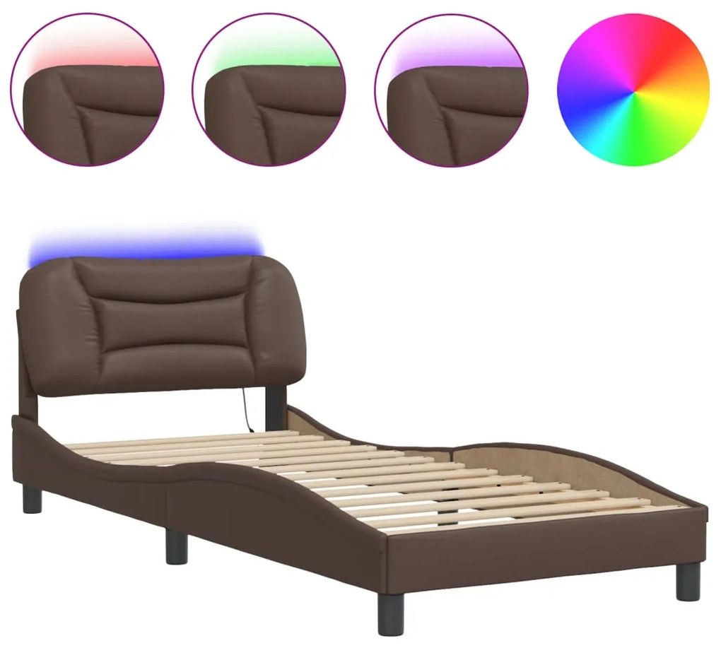 3213901 vidaXL Cadru de pat cu lumini LED, maro, 90x190 cm, piele ecologică