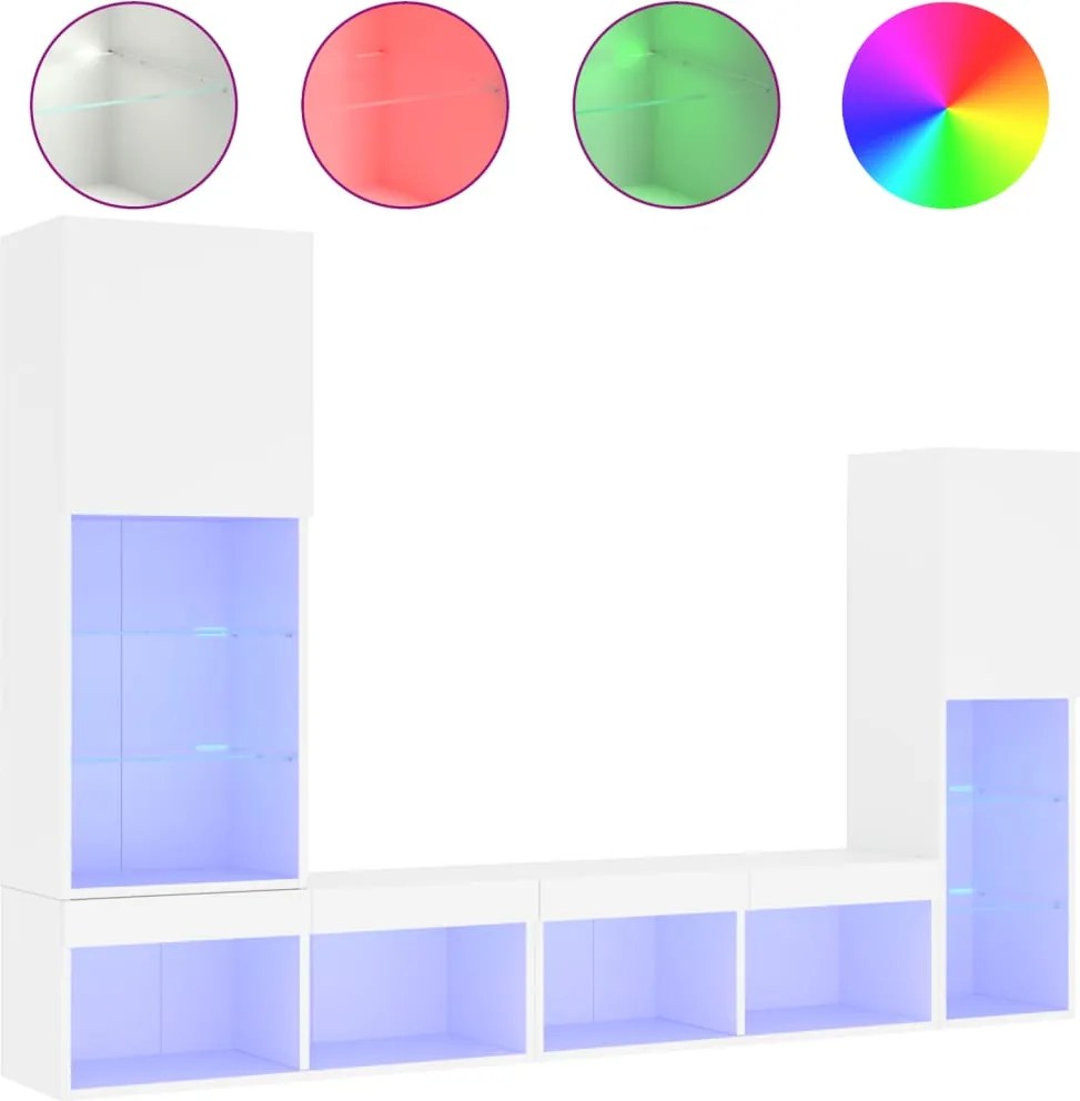 vidaXL Unități de perete TV cu LED-uri, 4 piese, alb, lemn prelucrat