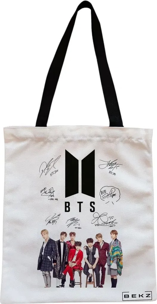 Sacosa de Panza pentru Cumparaturi, Geanta Tote, model BTS Army 1, Cu fermoar, 38x34.5 cm, Alba, BEKZ®
