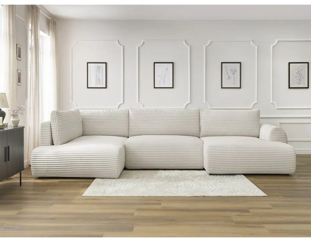 Colțar crem extensibil/cu spațiu de depozitare cu tapițerie din catifea reiată (cu colț pe partea stângă/în formă de "U") Lucien – Bobochic Paris