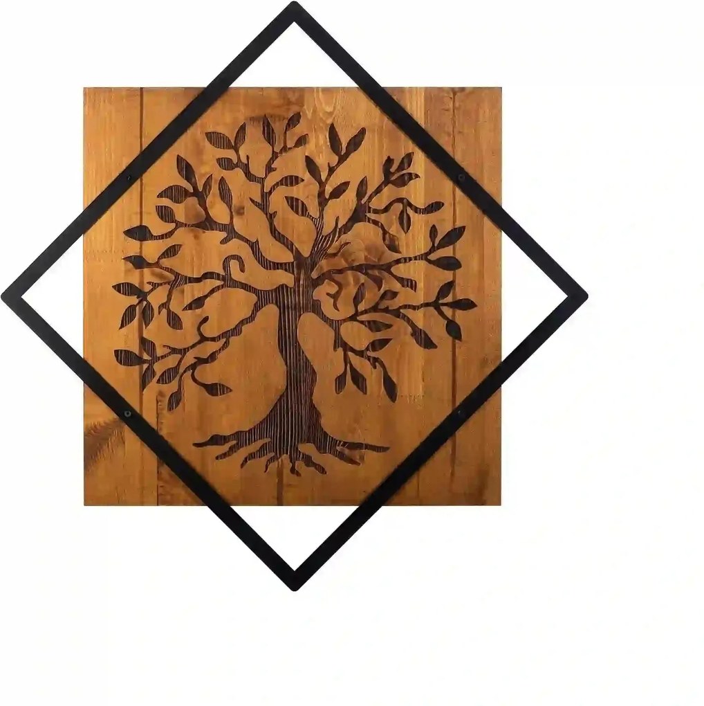 Decoratiune perete TREE, nuc/negru, lemn/metal, 54x54 cm