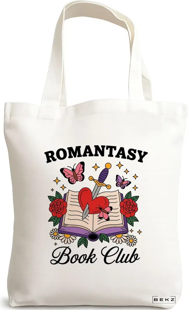 Sacosa de Panza pentru Cumparaturi, Geanta Tote, model Romantasy Book Club 38 x 34.5 cm, Alba, BEKZ®