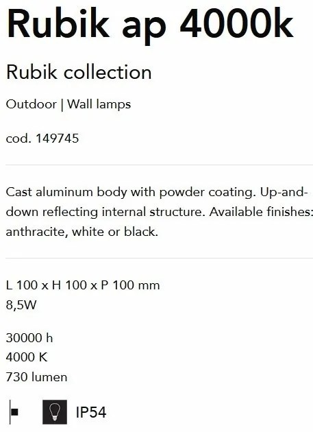 Aplica LED iluminat exterior design modern cu protectie IP54 Rubik ap 4000k BIANCO