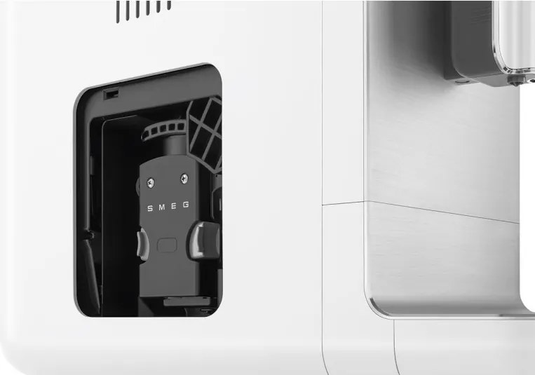 Espressor SMEG Collezione BCC12WHMEU, 1350 W, 19 bar, 1,4 l, 8 functii, Rasnita incorporata, Spumare lapte, Alb