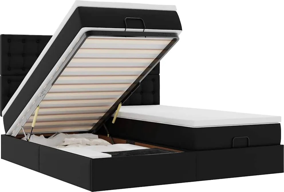 vidaXL Pat otoman cu saltele și LEDs, negru 180x200cm, piele ecologică