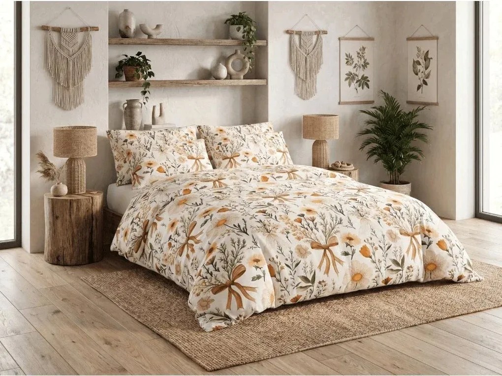 Set lenjerie de pat creponata FLORAL RIBBON POLY colorata + cearsaf Jersey 180 x 200 cm bej deschis, pat dublu