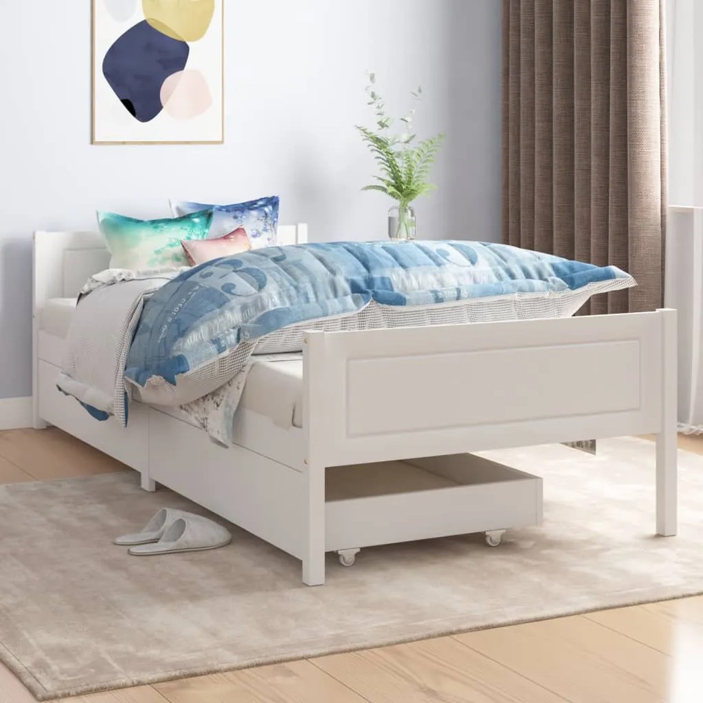 3060497 vidaXL Cadru pat cu 2 sertare, alb, 90x200 cm, lemn masiv pin
