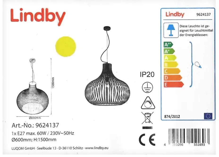 Lindby - Candelabru pe cablu FRANCES 1xE27/60W/230V
