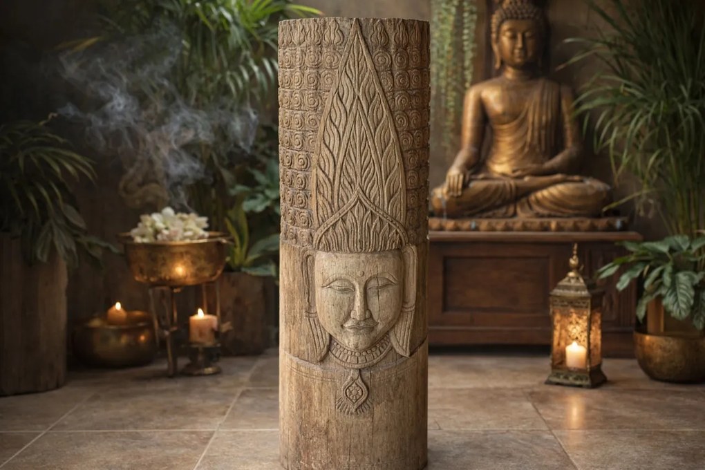 Coloană decorativă din lemn masiv de tec, maro, cu Buddha sculptat manual, finisaj natural, 103 x 40 x 40 cm, „Ayutthaya”