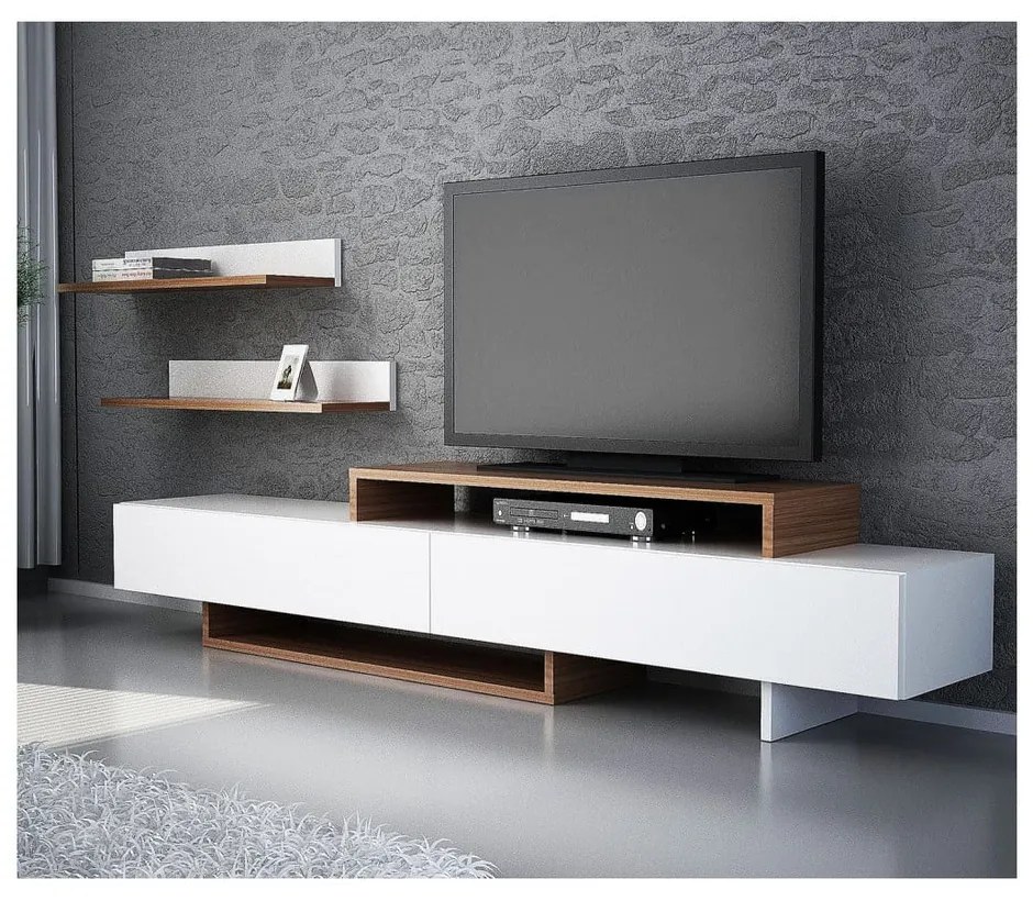 Set comodă TV și raft de perete cu aspect de lemn de tec Furny Home Nirvanas, alb