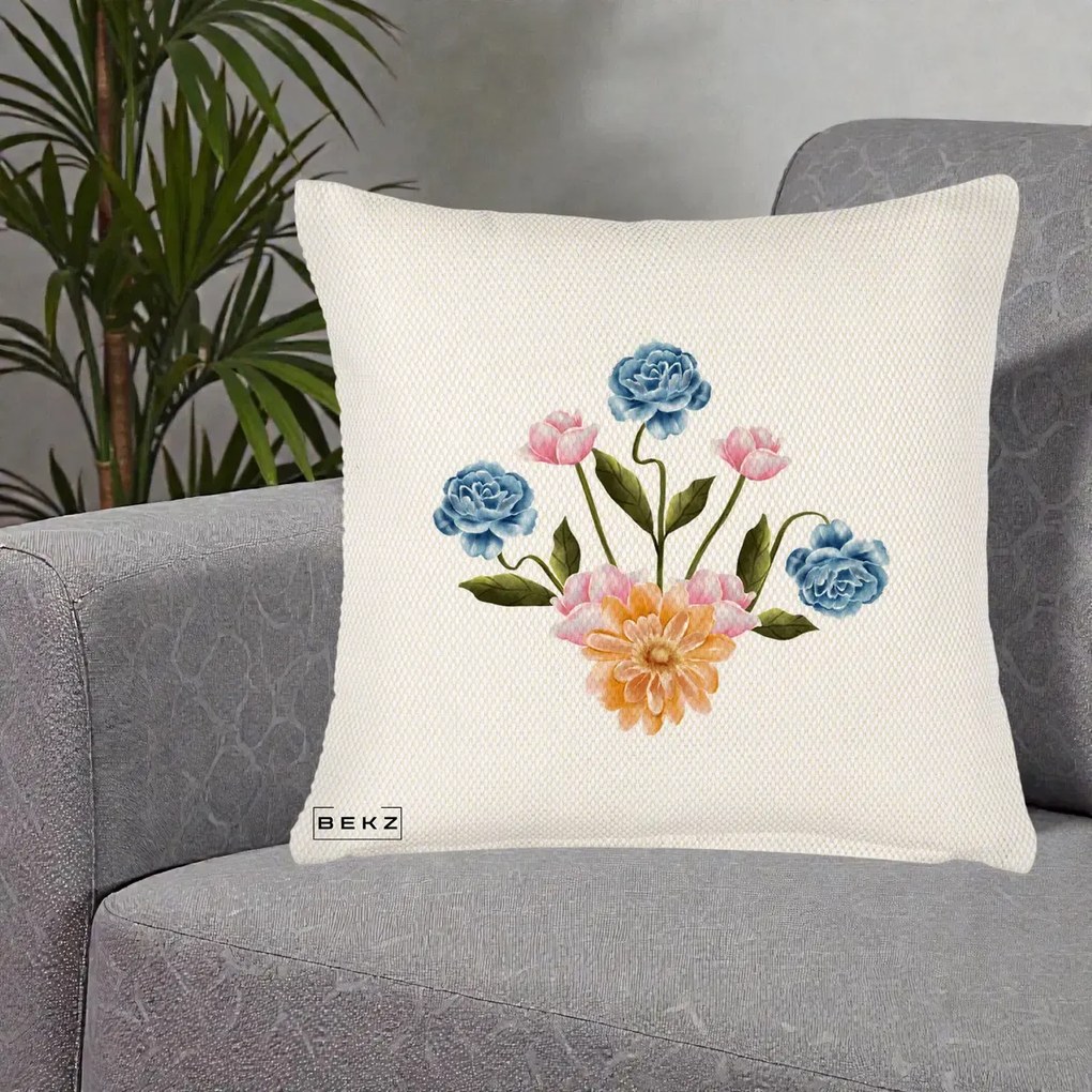 Perna Decorativa Buchet Primavara Acuarela, 40x40 cm, Crem Reliefat, Husa Detasabila, Perna Inclusa, BEKZ®