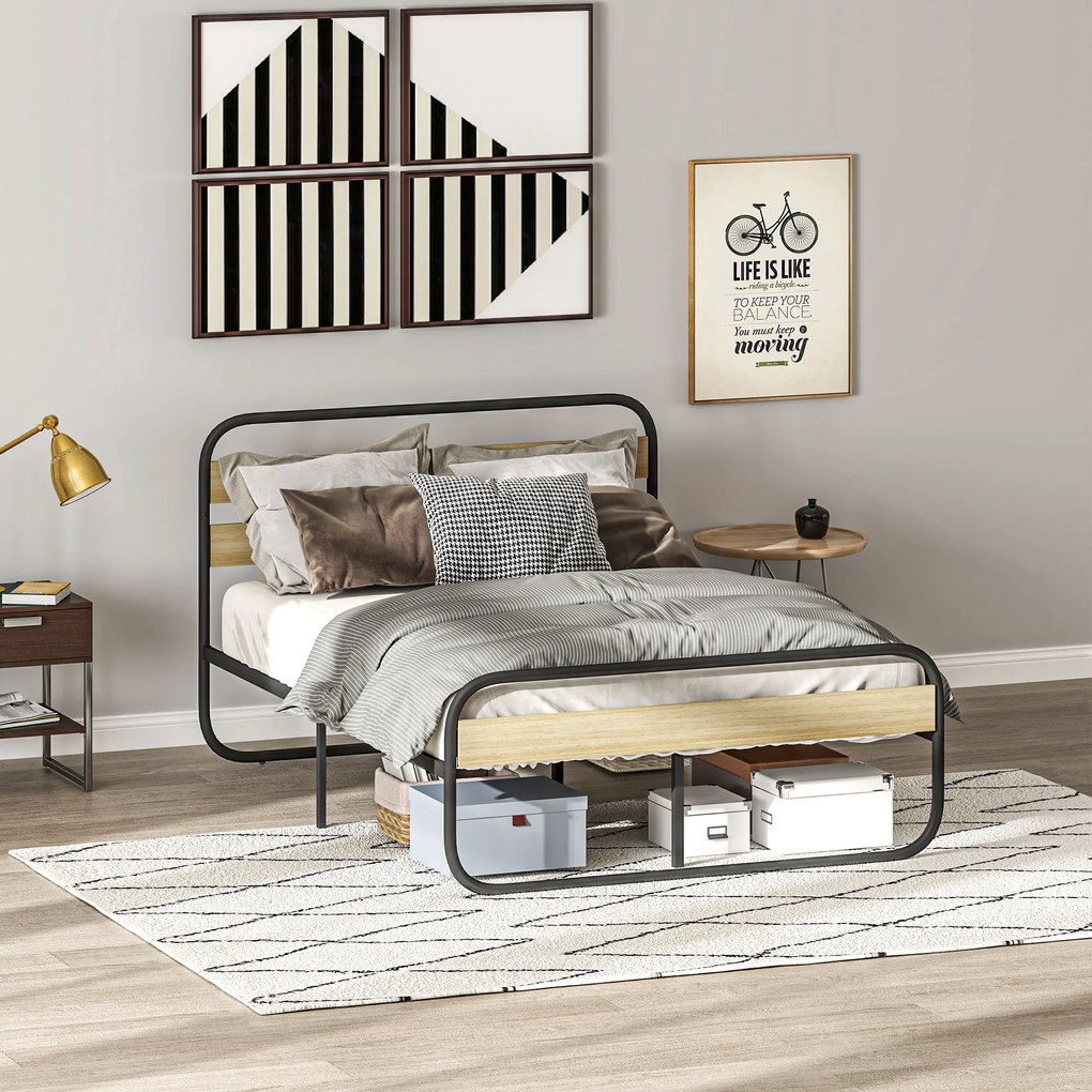 HOMCOM Pat dublu 140 x 190 cm, cadru de pat din oțel stil industrial, tăblie și somier incluse, aspect lemn | Aosom Romania