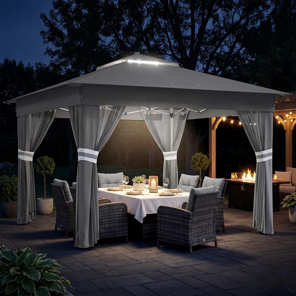 Outsunny Foisor tip pop-up 3 x 3(m),20 lumini LED alimentate de la soare,geanta cu roti, 4 saci de greutate, inaltime reglabila, Gri | Aosom Romania