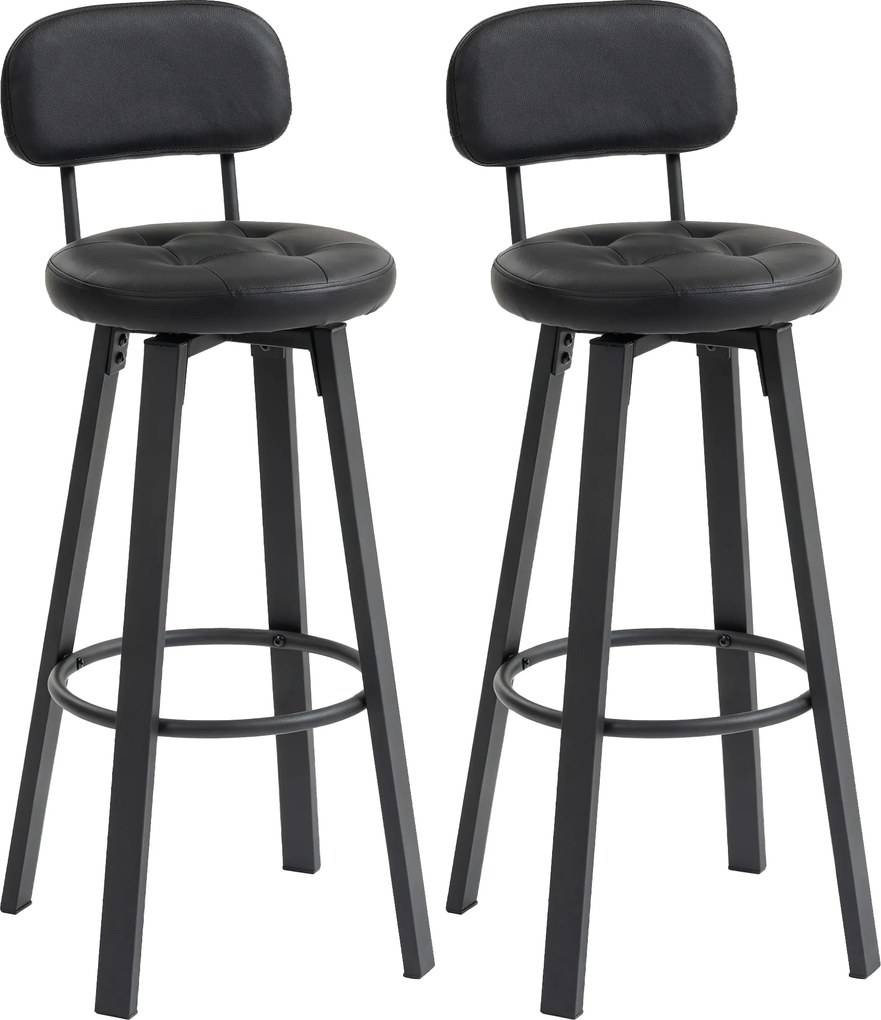 HOMCOM Set 2 scaune de bar, tapițerie din piele ecologică, șezut căptușit, suport pentru picioare, spătar, cadru metalic, Negru | Aosom Romania