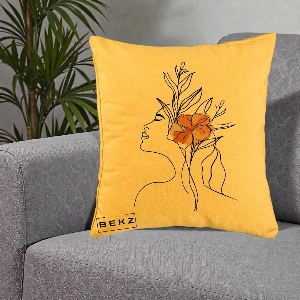 Perna Decorativa Portret Feminin Floare Portocalie Lateral, 40x40 cm, Galben, Husa Detasabila, Perna Inclusa, BEKZ®