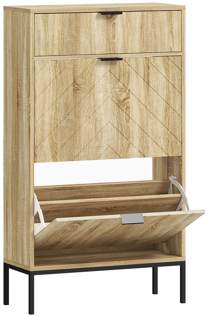 HOMCOM Mobilier de pantofi 8 perechi cu sertar glisant, 2 sertare rabatabile, rafturi reglabile, 60x24x105,5cm, stejar | Aosom Romania